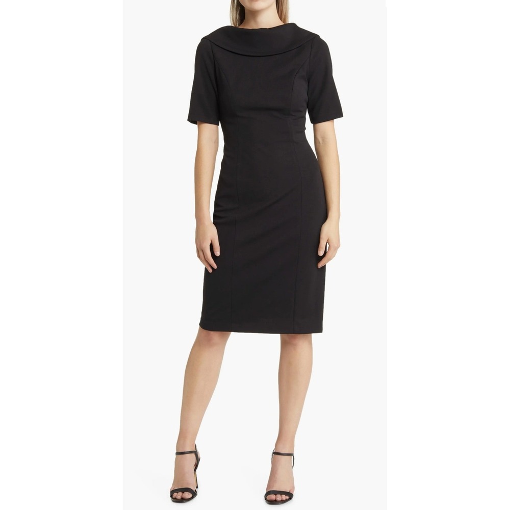 Adrianna Papell Womens Black Lined Foldover V-Back Sheath Dress Sz 12 Business